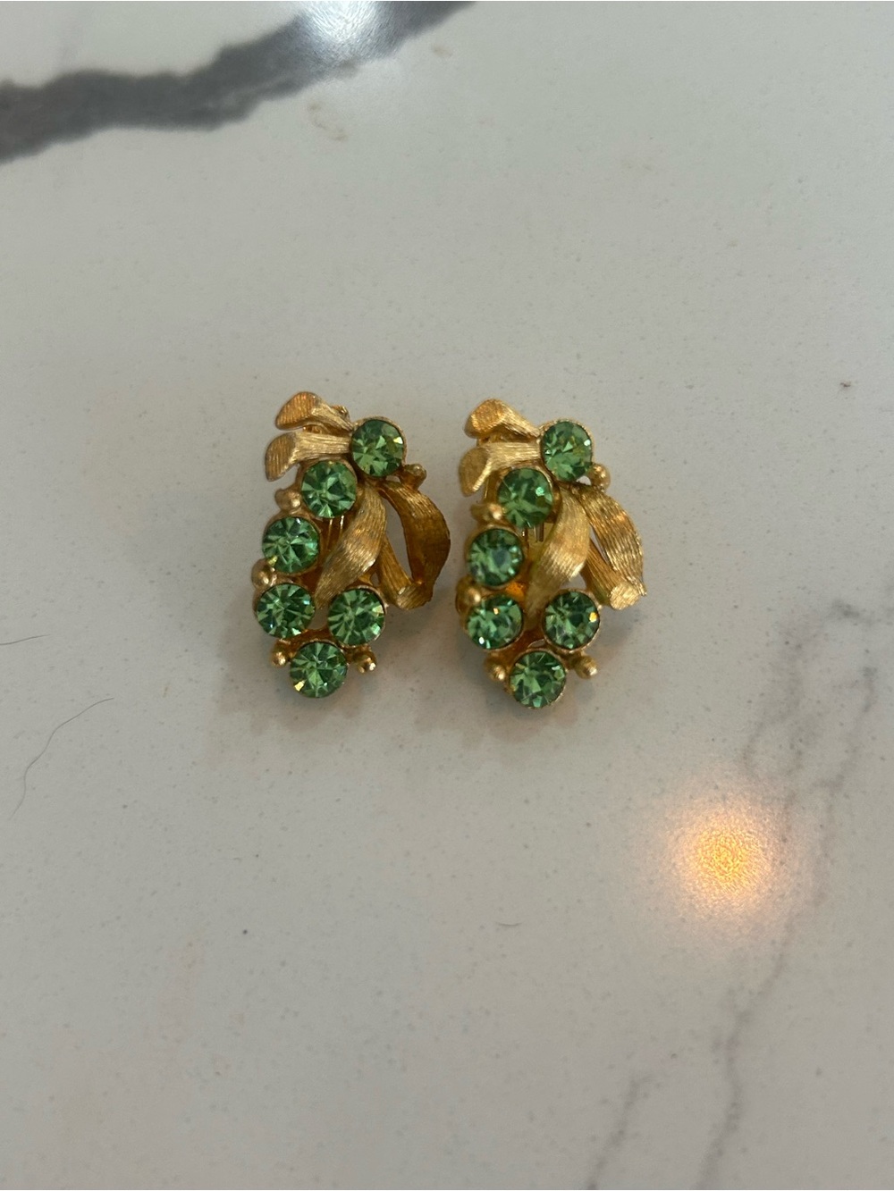 Vintage Mid-century Clip on Gold-Tone Leaf Earrings with Green Stones